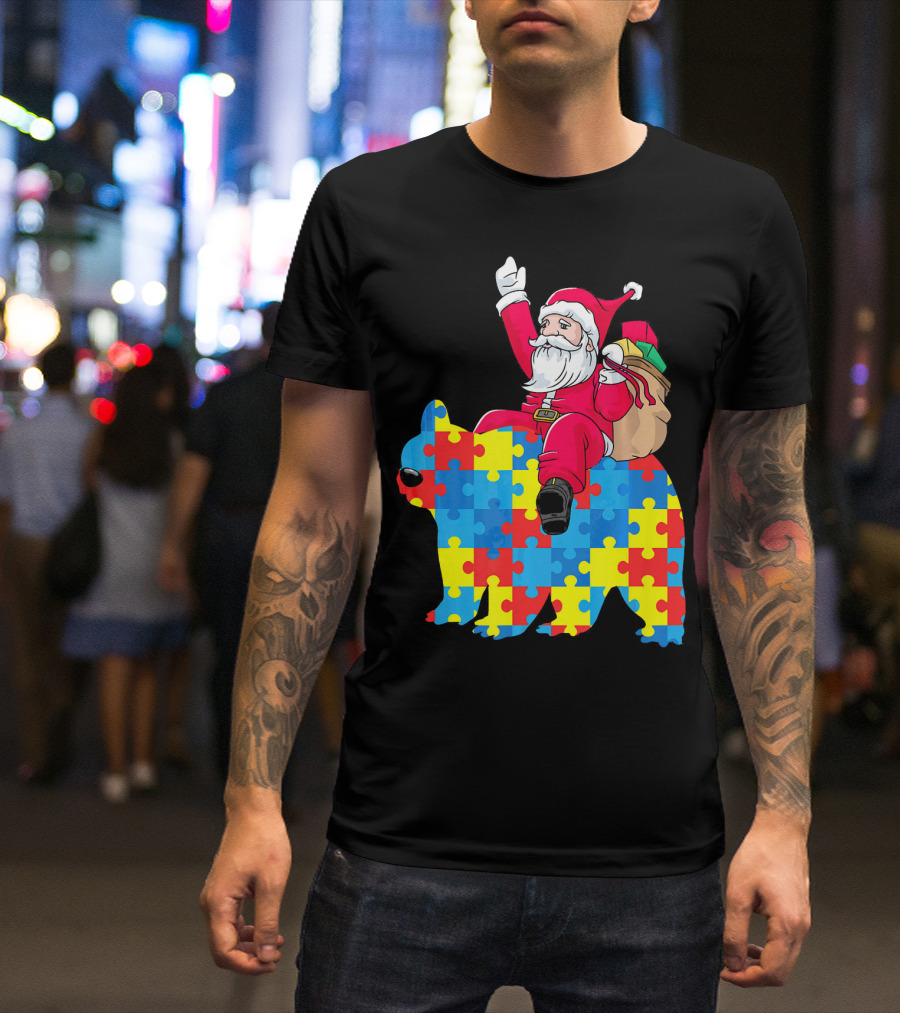 Santa Claus Riding Puzzle Piece Bear Autism Awareness T-Shirt