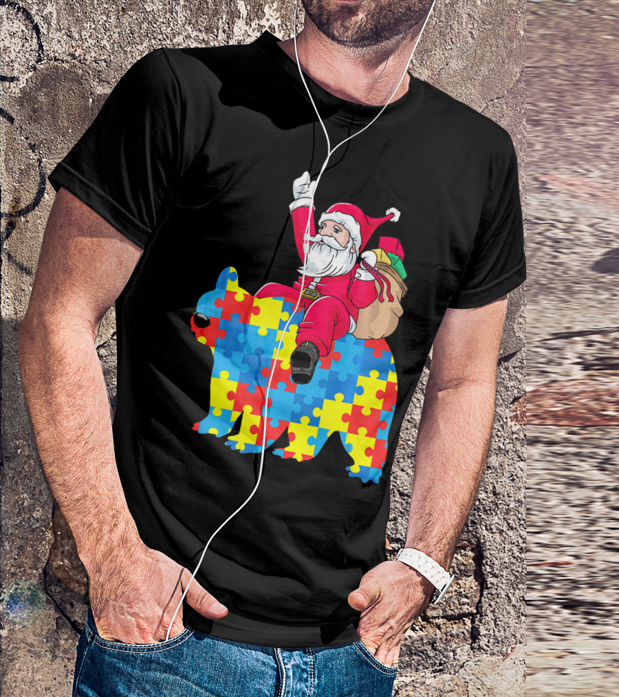 Santa Claus Riding Puzzle Piece Bear Autism Awareness T-Shirt