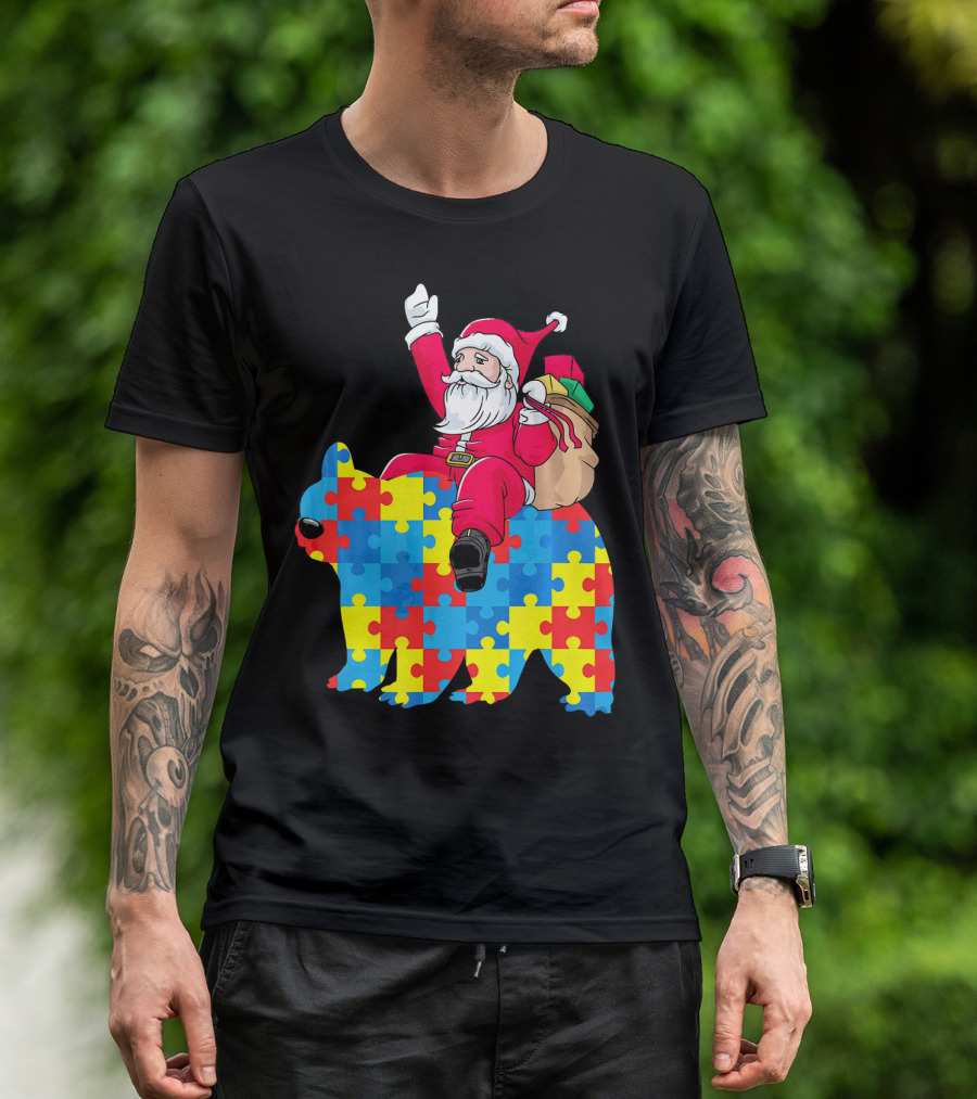 Santa Claus Riding Puzzle Piece Bear Autism Awareness T-Shirt
