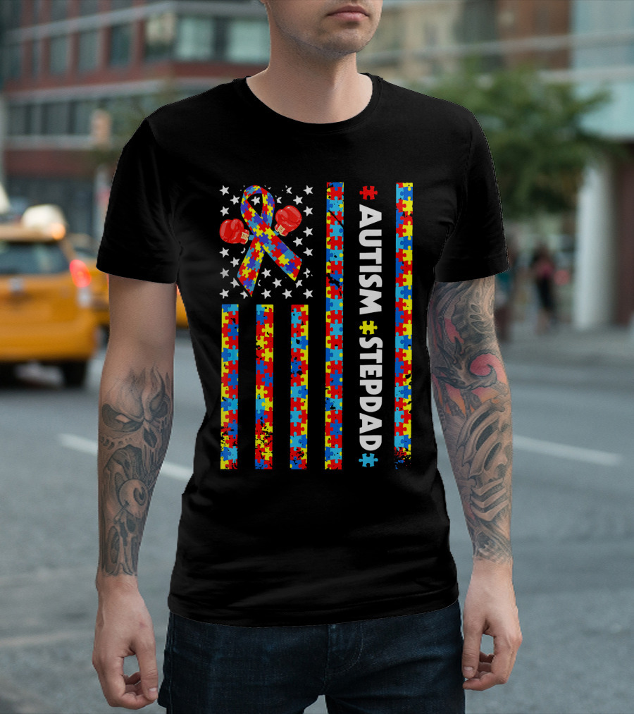 Autism Awareness Puzzle Ribbon Boxing Gloves American Flag Stepdad T-Shirt