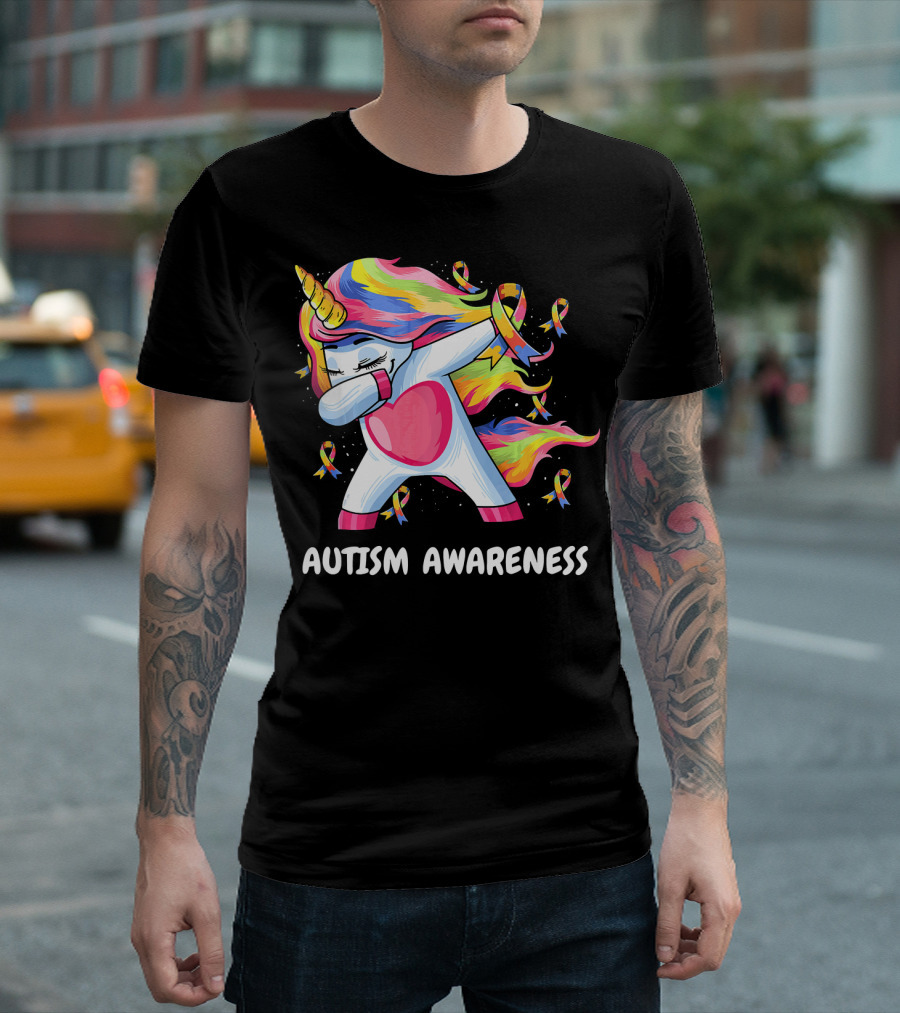 Autism Awareness Dabbing Rainbow Unicorn With Puzzle T-Shirt