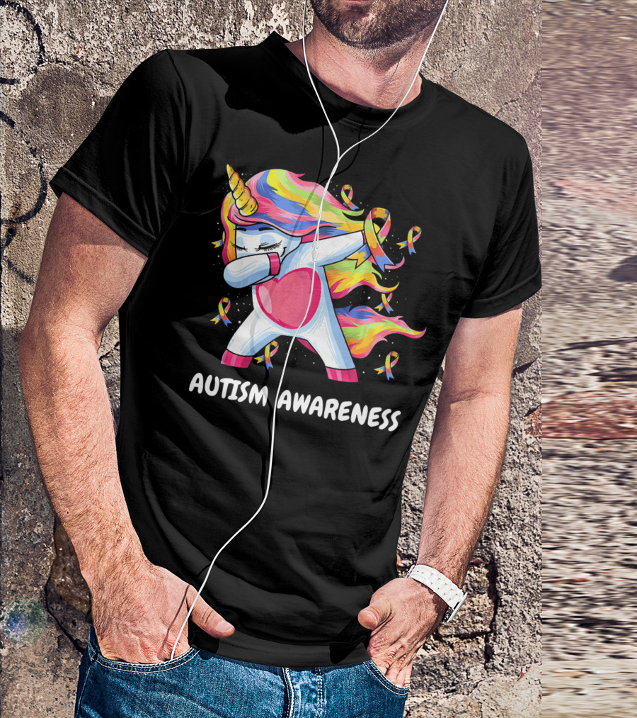 Autism Awareness Dabbing Rainbow Unicorn With Puzzle T-Shirt