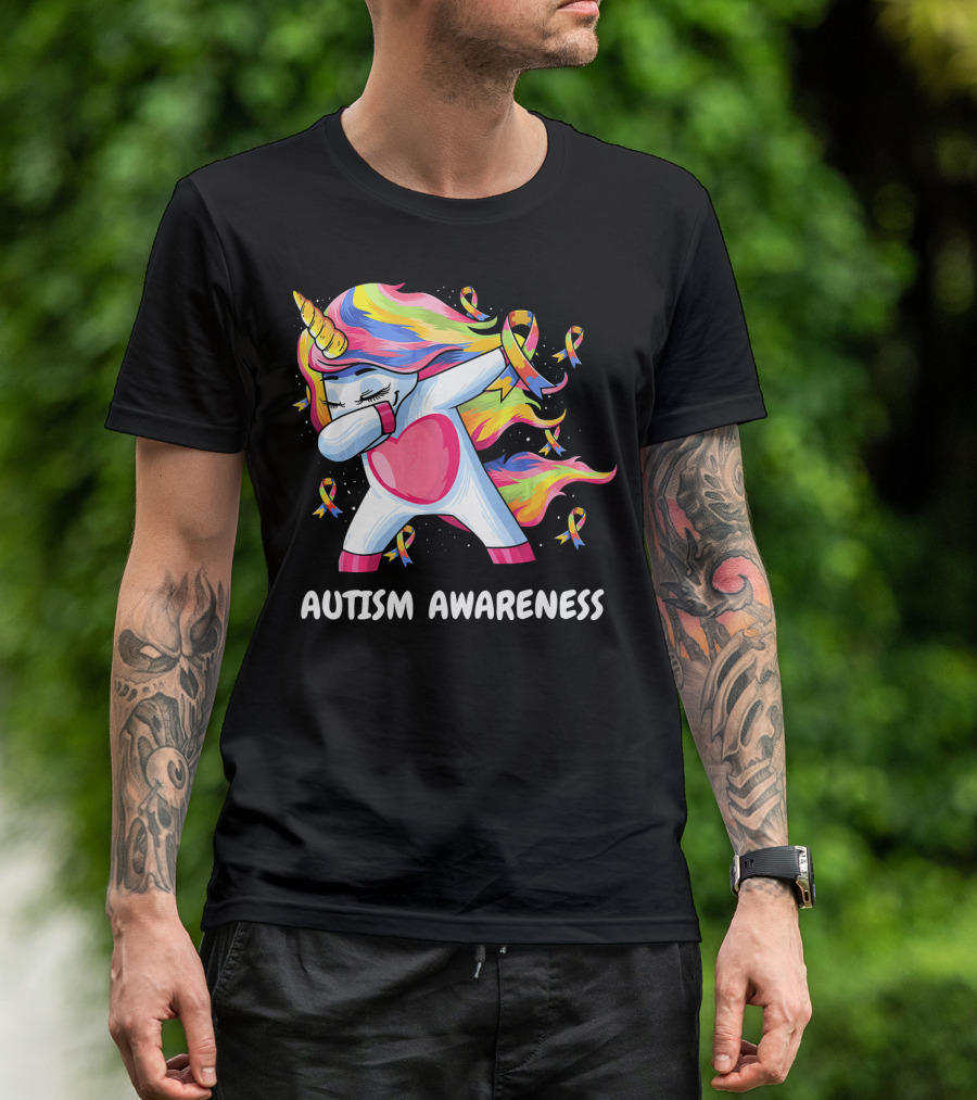 Autism Awareness Dabbing Rainbow Unicorn With Puzzle T-Shirt