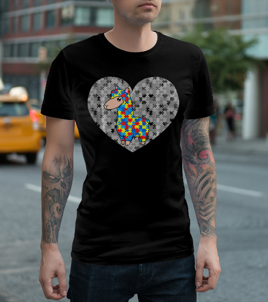 Funny Puzzle Llama Heart Autism Awareness Day T-Shirt