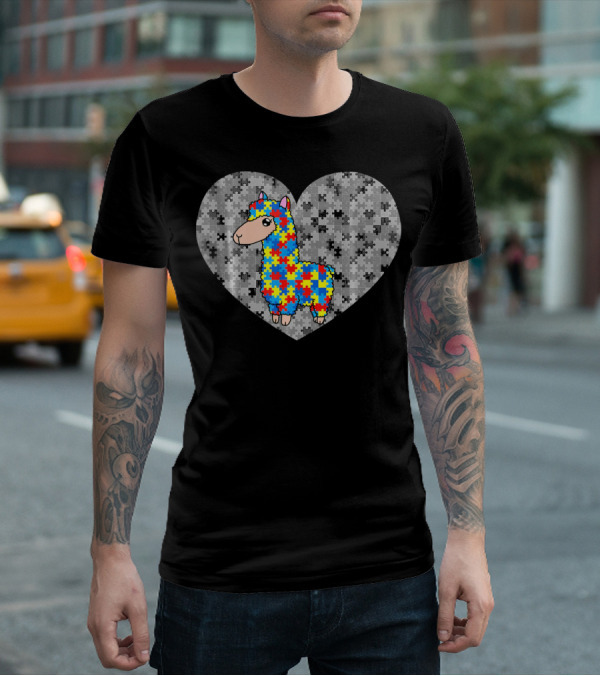 Funny Puzzle Llama Heart Autism Awareness Day T-Shirt