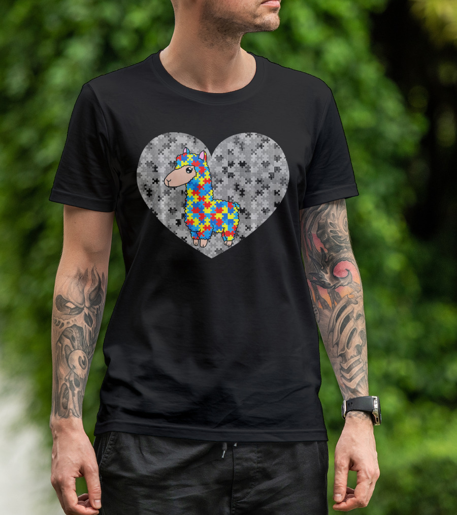 Funny Puzzle Llama Heart Autism Awareness Day T-Shirt