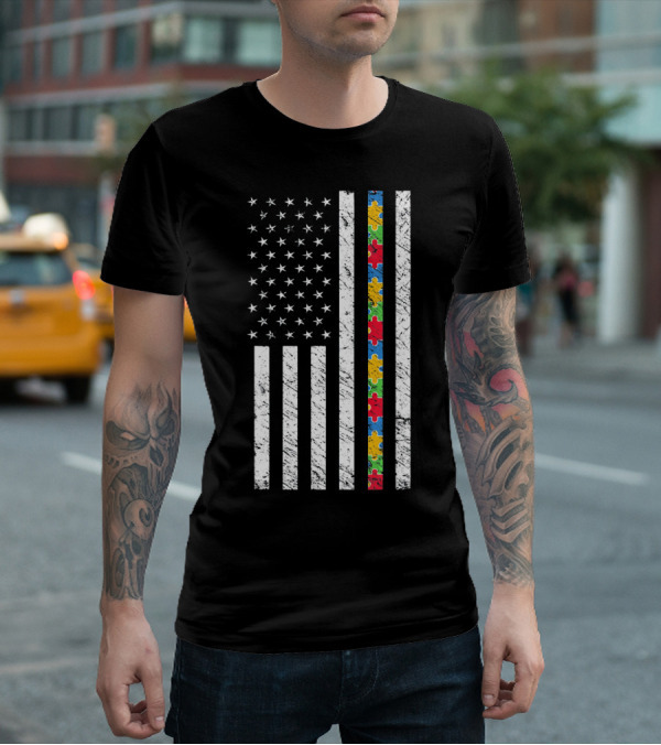 Autism Awareness American Flag Puzzle Piece T-Shirt