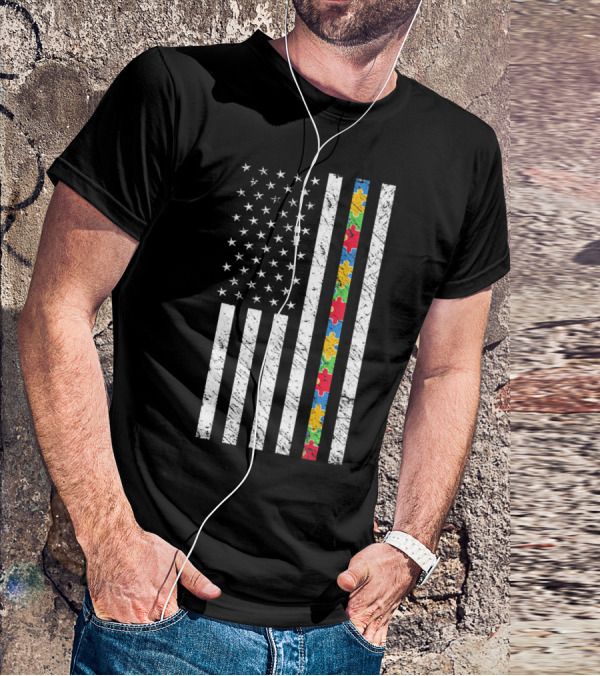 Autism Awareness American Flag Puzzle Piece T-Shirt