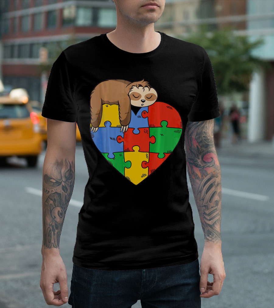 Cute Sloth Heart Puzzle Autism Parents Autistic Child T-Shirt
