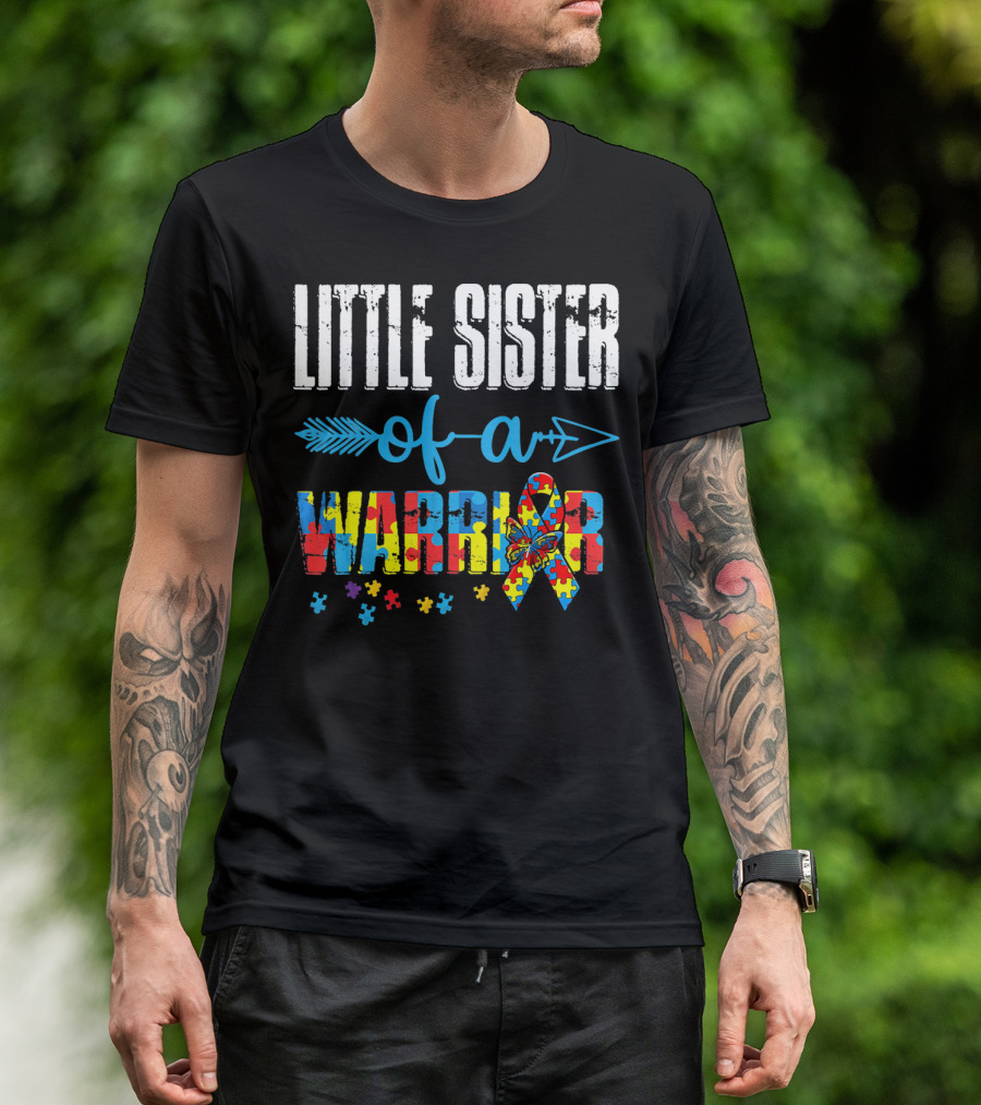 Little Sister Of A Warrior Autism Awareness Ribbon Puzzle Pieces T-Shirt