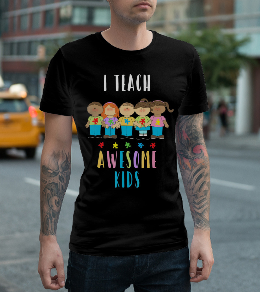 I Teach Awesome Kids Puzzle Piece Unity T-Shirt