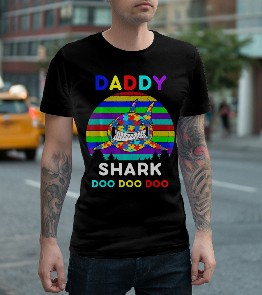 Daddy Shark Doo Doo Autism Awareness Colorful Puzzle Stripes T-Shirt
