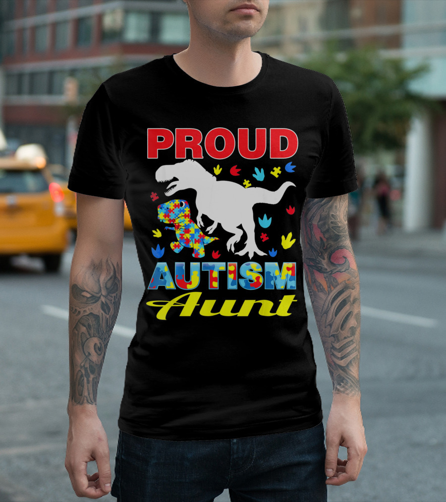Proud Autism Aunt Dinosaur Puzzle T-Shirt