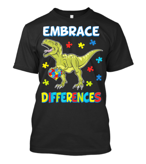 Embrace Differences Dinosaurus Trex Auti Puzzle Heart T-Shirt