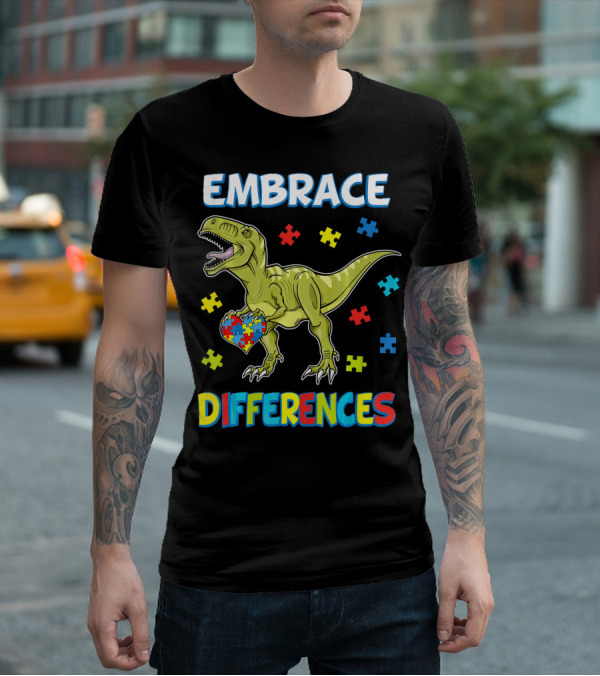 Embrace Differences Dinosaurus Trex Auti Puzzle Heart T-Shirt