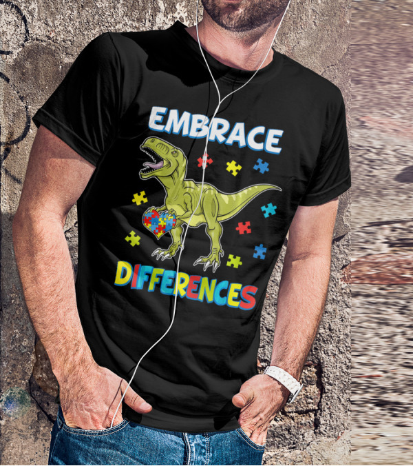 Embrace Differences Dinosaurus Trex Auti Puzzle Heart T-Shirt