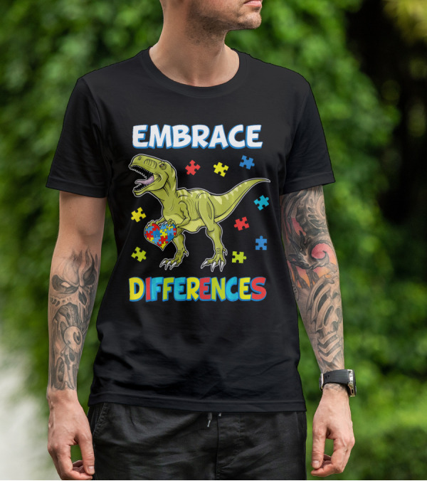 Embrace Differences Dinosaurus Trex Auti Puzzle Heart T-Shirt