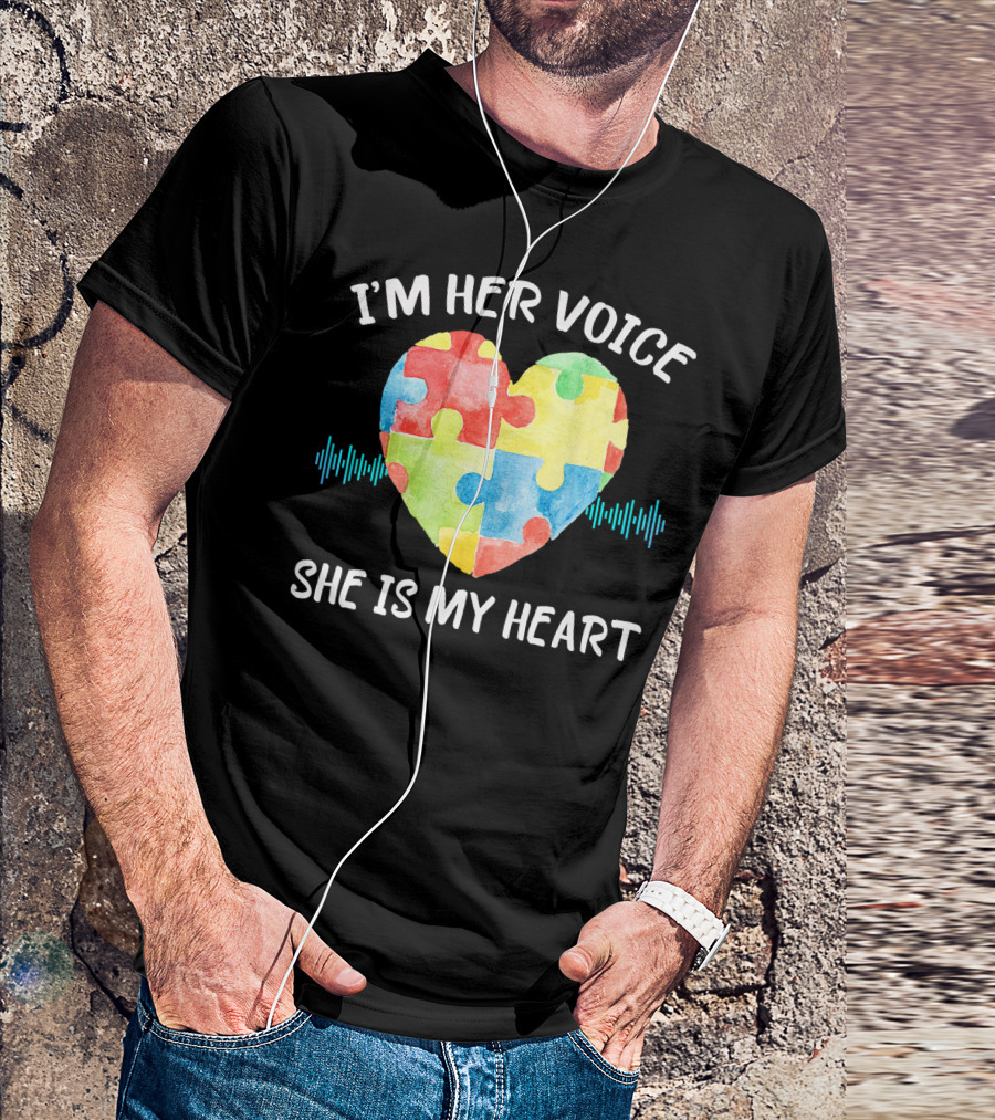 I'M HER VOICE SHE IS MY HEART Autism Puzzle Heart T-Shirt