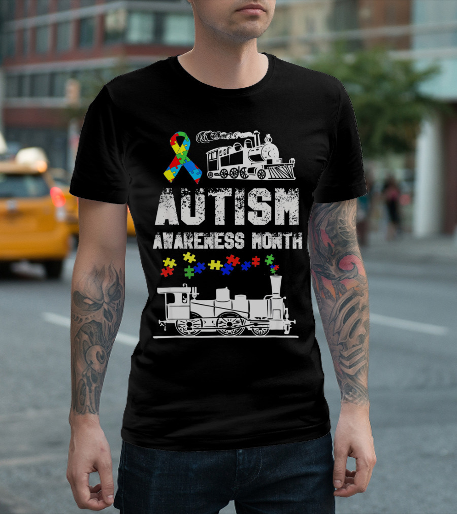 Autism Awareness Month Puzzle Ribbon Steam Train T-Shirt