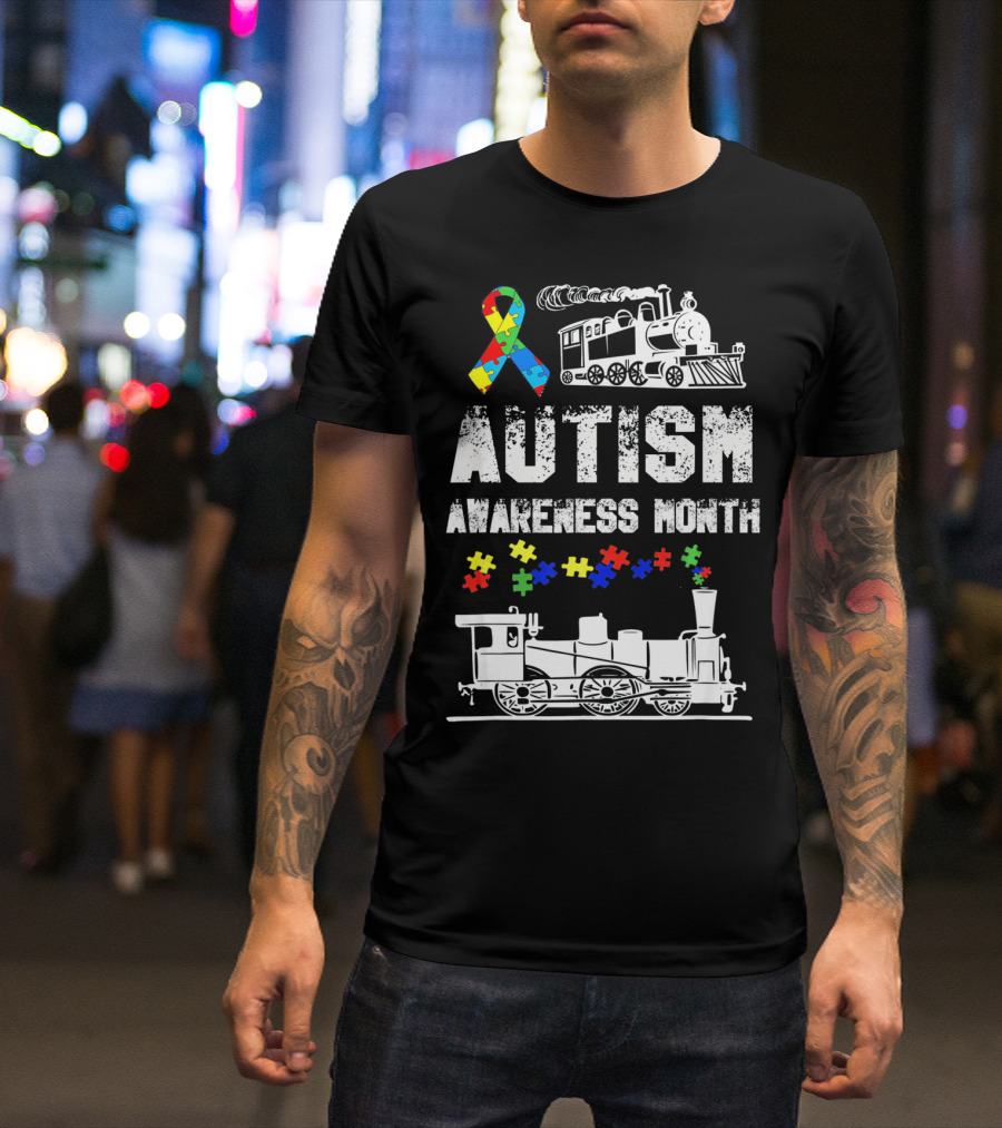 Autism Awareness Month Puzzle Ribbon Steam Train T-Shirt