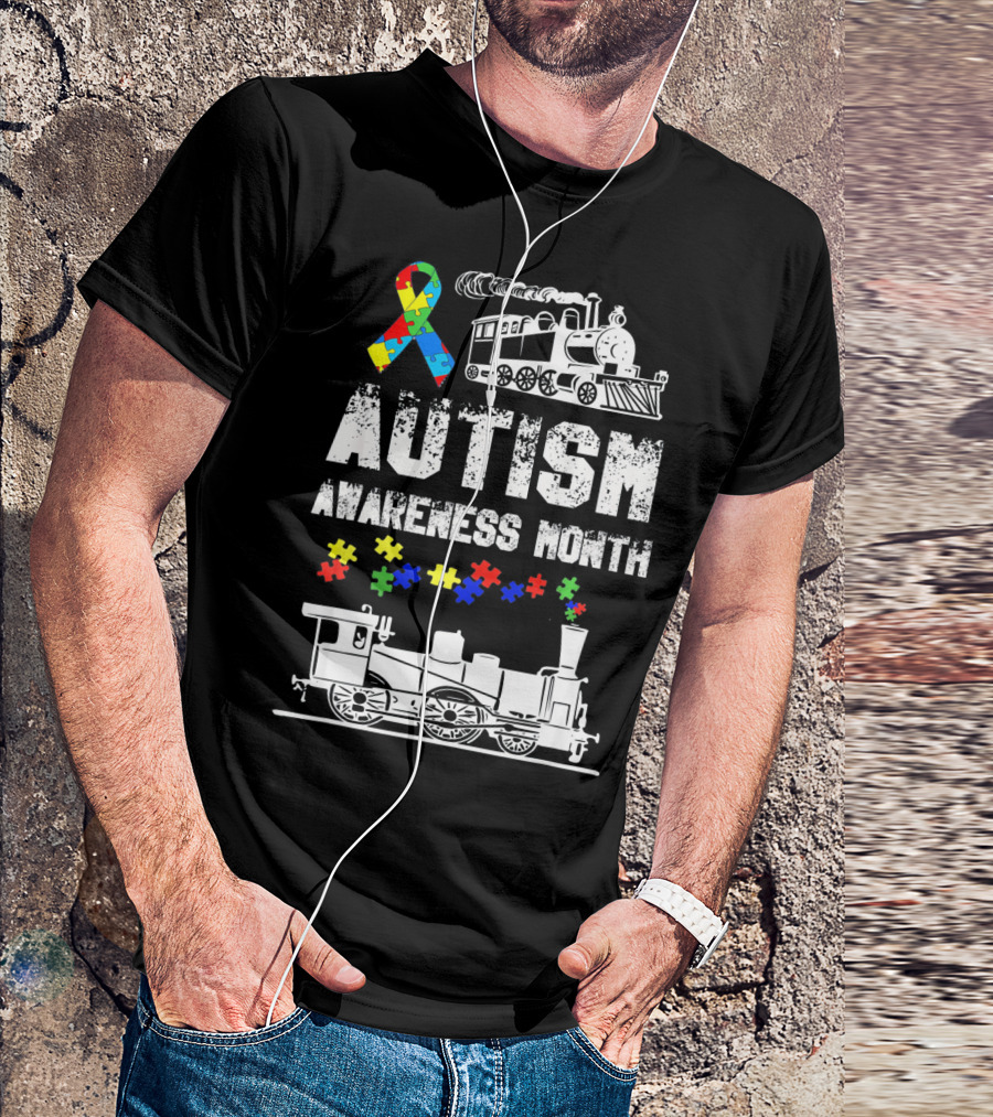Autism Awareness Month Puzzle Ribbon Steam Train T-Shirt