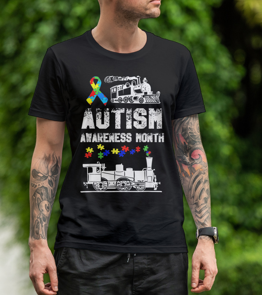 Autism Awareness Month Puzzle Ribbon Steam Train T-Shirt