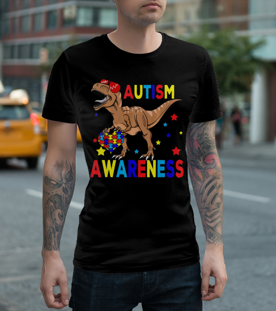 Cool Rex Dino Autism Awareness Puzzle Heart and Stars T-Shirt