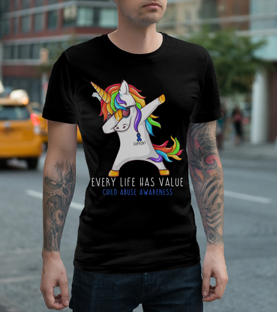 Every Life Has Value Child Abuse Awareness Support Unicorn Dabbing T-Shirt
