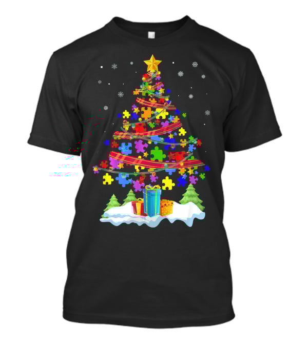 Autism Christmas Tree Puzzle Pieces And Gifts Festive T-Shirt