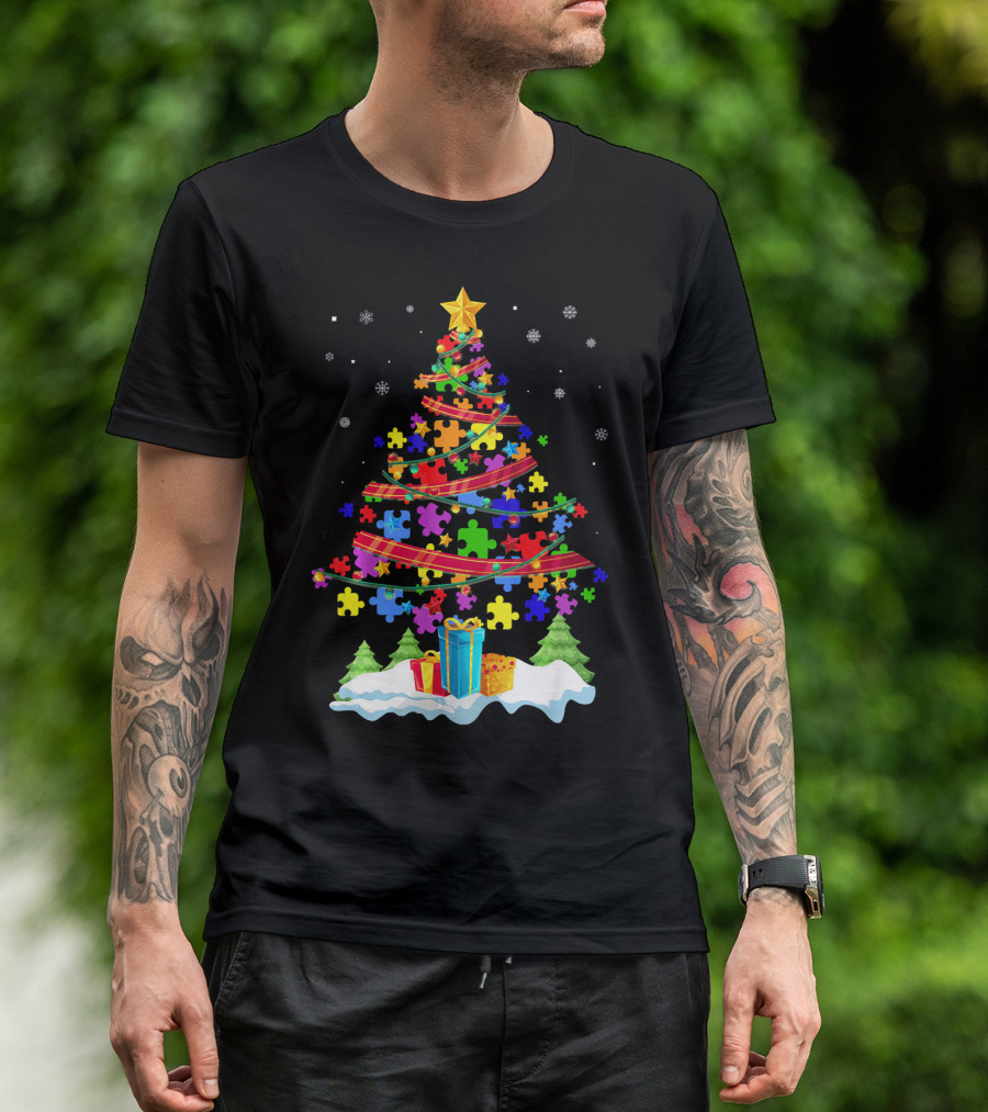 Autism Christmas Tree Puzzle Pieces And Gifts Festive T-Shirt