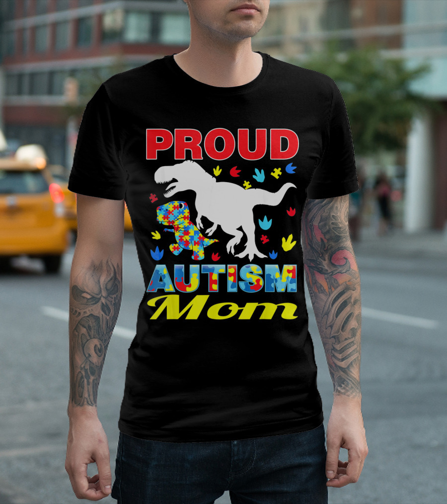 Proud Autism Mom Dinosaur Puzzle Piece T-Shirt