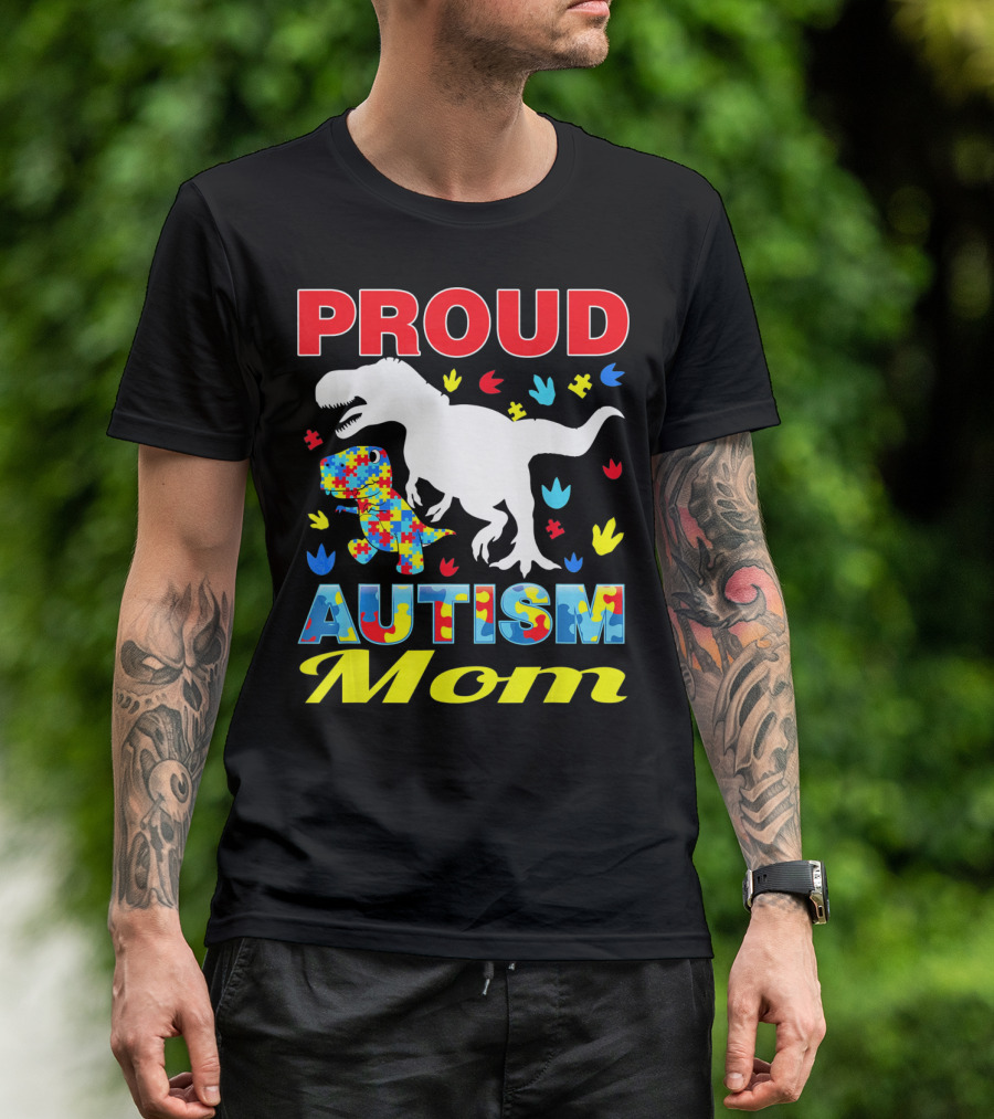 Proud Autism Mom Dinosaur Puzzle Piece T-Shirt