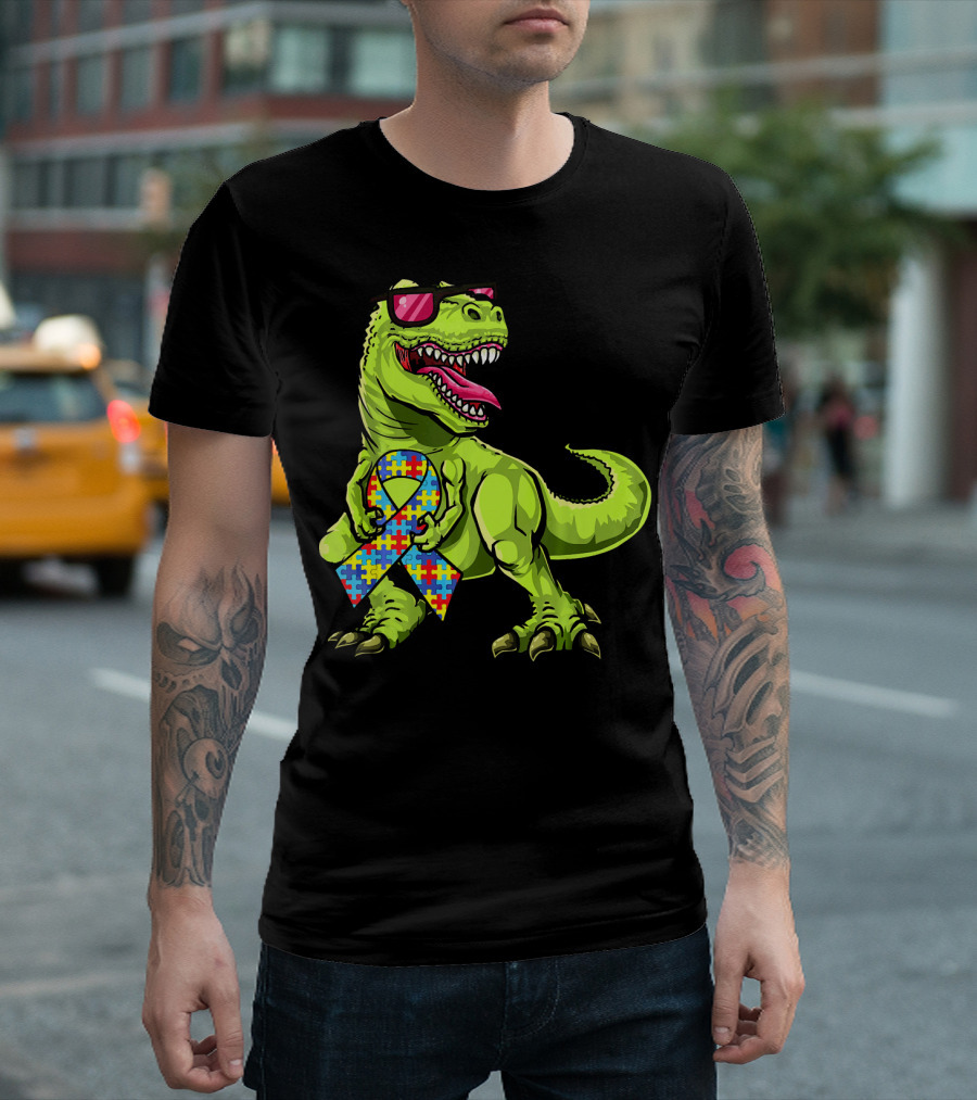 Dinosaur Rex with Autism Awareness Puzzle Ribbon and Sunglasses T-Shirt