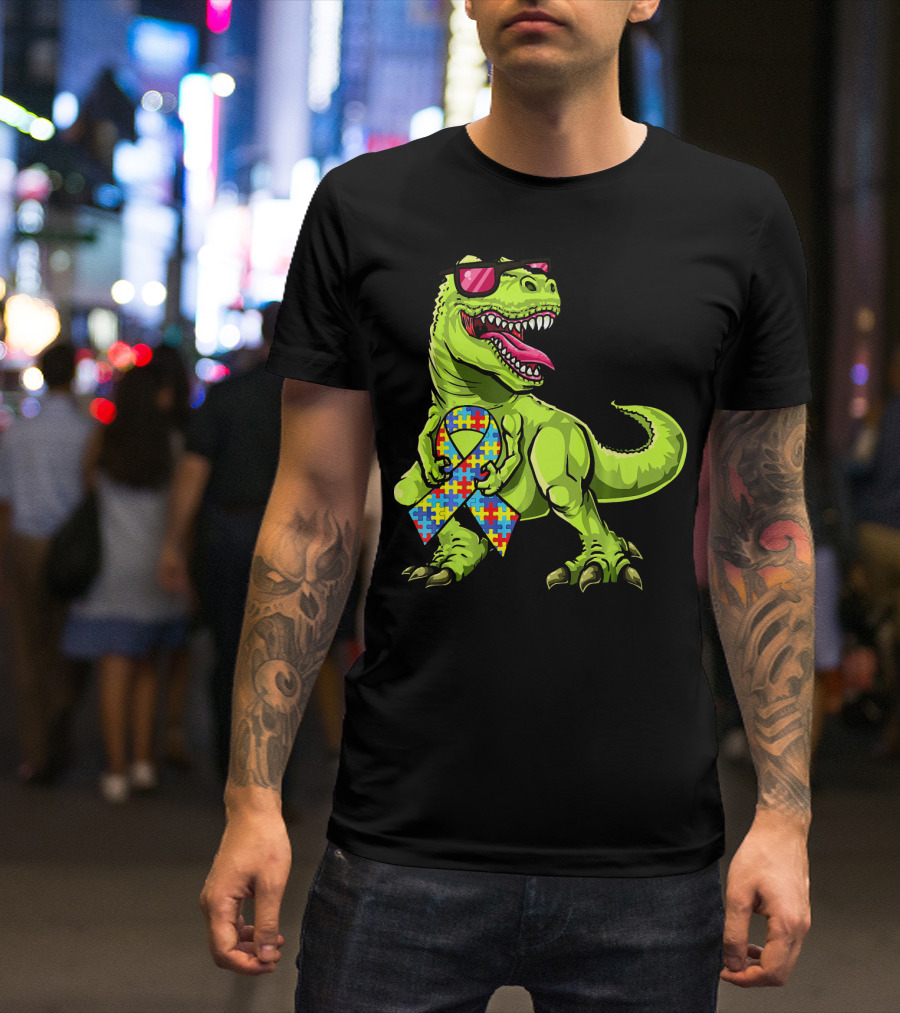 Dinosaur Rex With Autism Awareness Puzzle Ribbon And Sunglasses T-Shirt