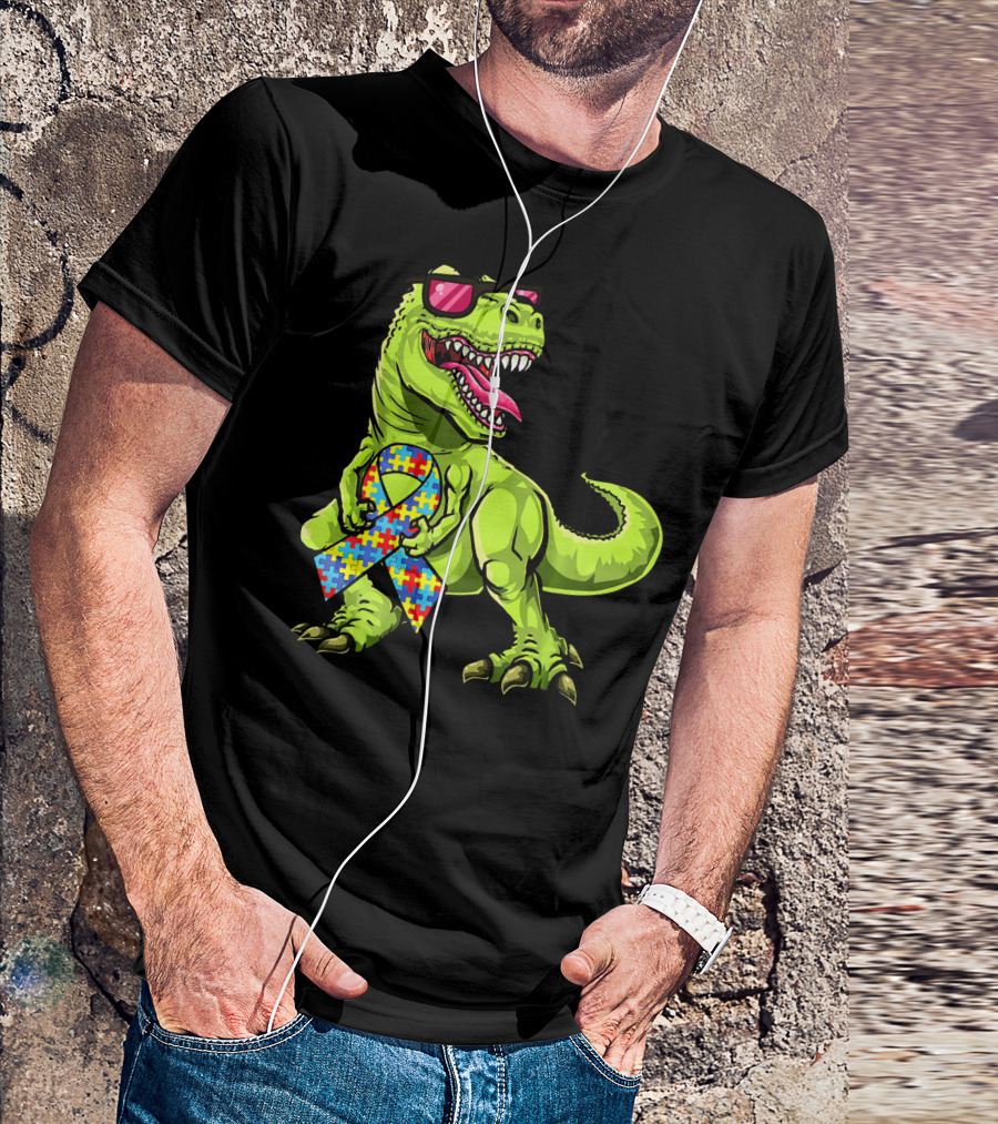 Dinosaur Rex With Autism Awareness Puzzle Ribbon And Sunglasses T-Shirt