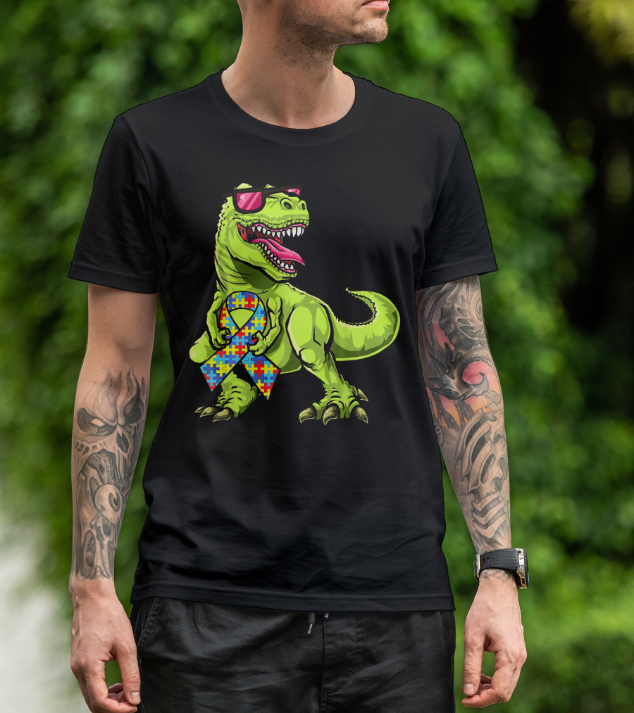 Dinosaur Rex With Autism Awareness Puzzle Ribbon And Sunglasses T-Shirt