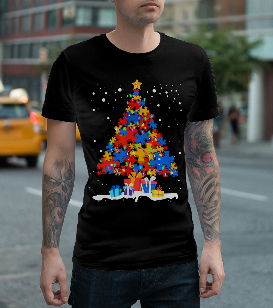 Autism Puzzle Pieces Christmas Tree with Presents Snowflakes T-Shirt
