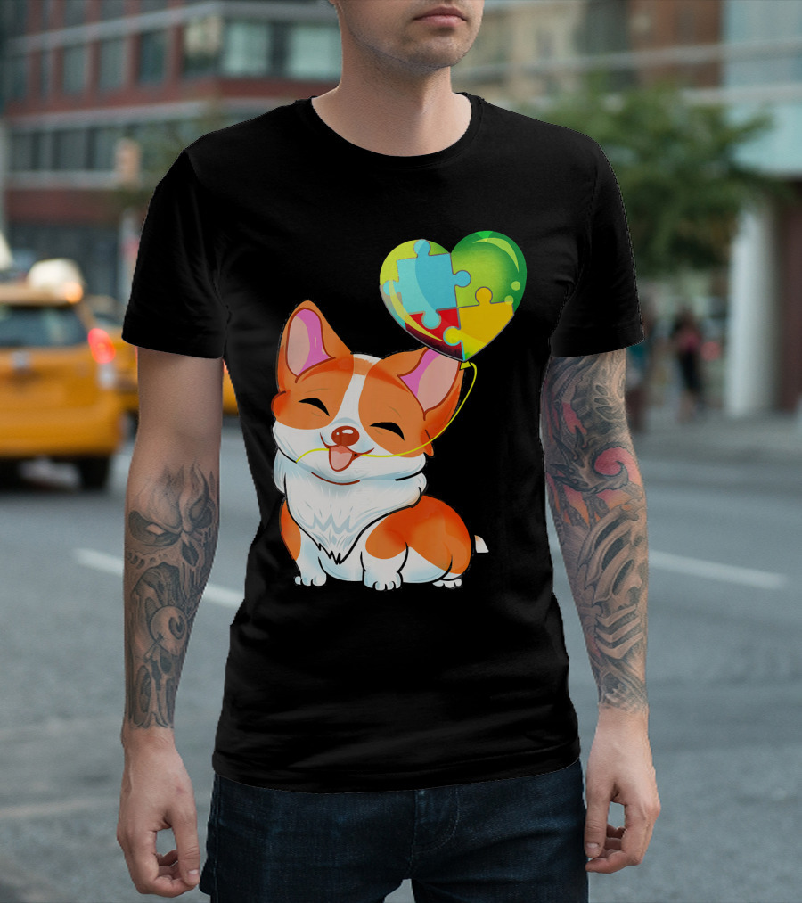 Autism Awareness Corgi Puppy with Heart Balloon Puzzle T-Shirt