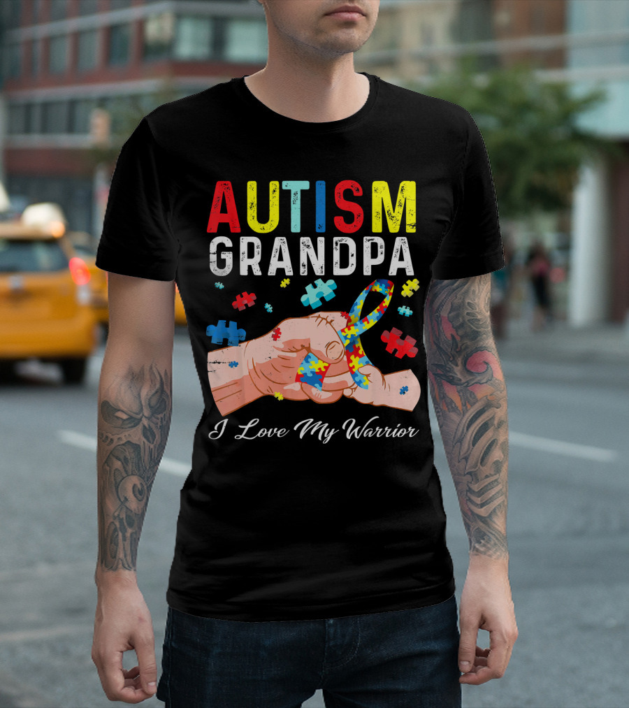Autism Grandpa I Love My Warrior Puzzle T-Shirt