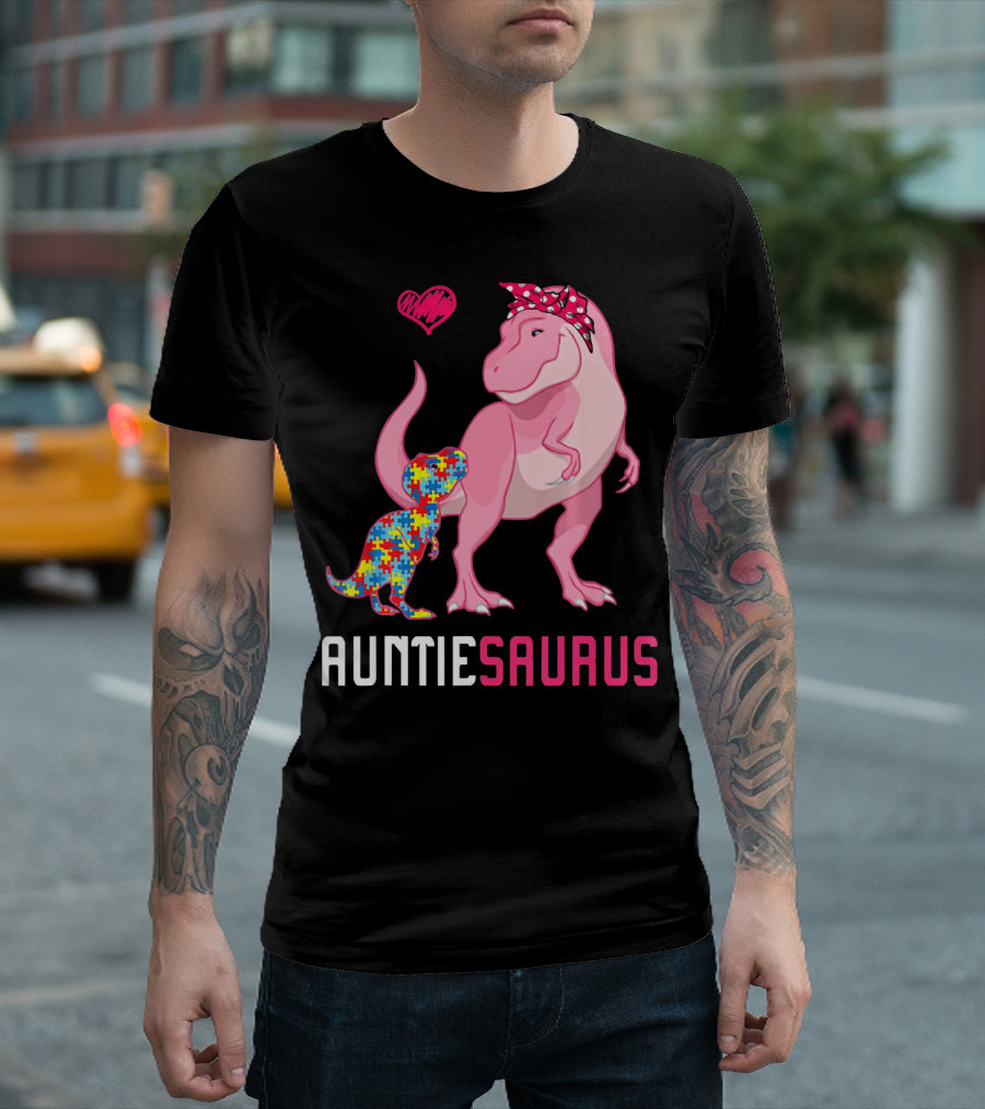 Auntiesaurus Dinosaur Puzzle Piece Heart Autism Awareness T-Shirt