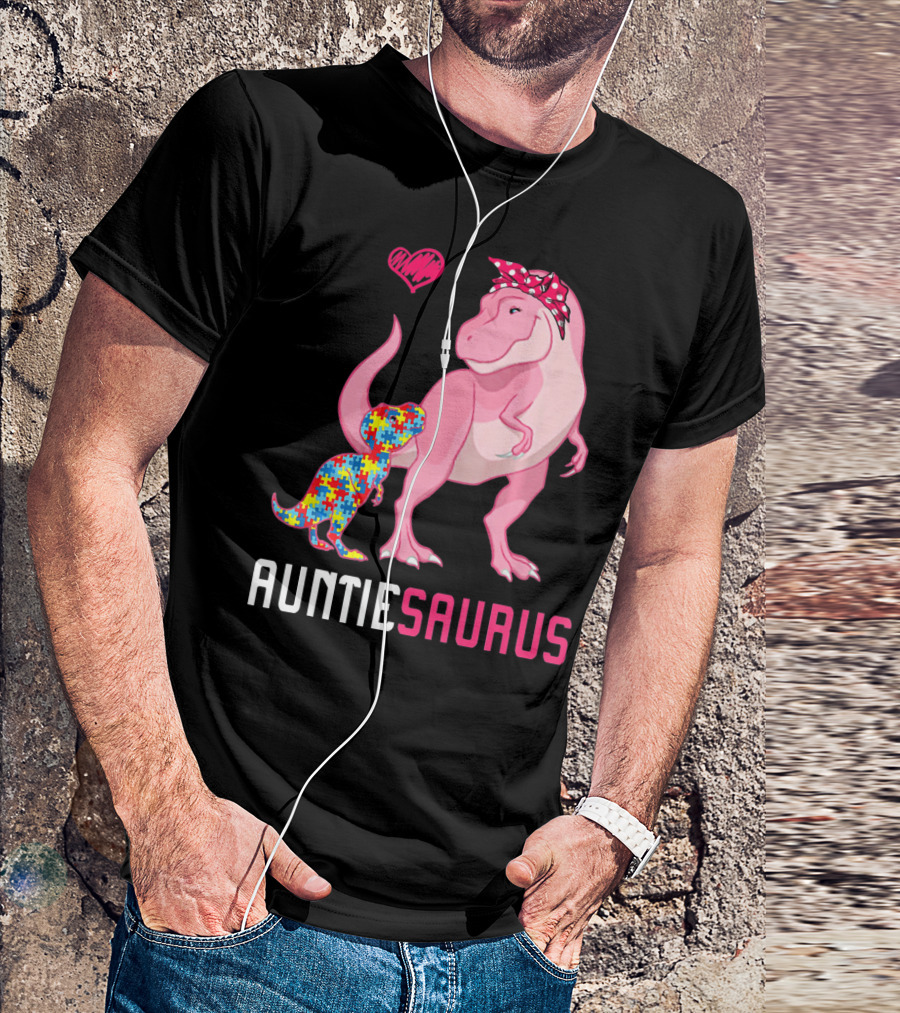 Auntiesaurus Dinosaur Puzzle Piece Heart Autism Awareness T-Shirt