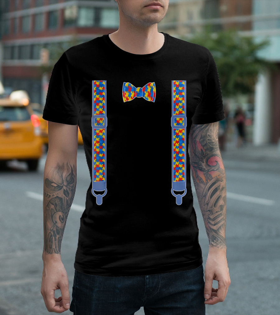 Autism Awareness Puzzle Pattern Bow Tie and Suspenders T-Shirt