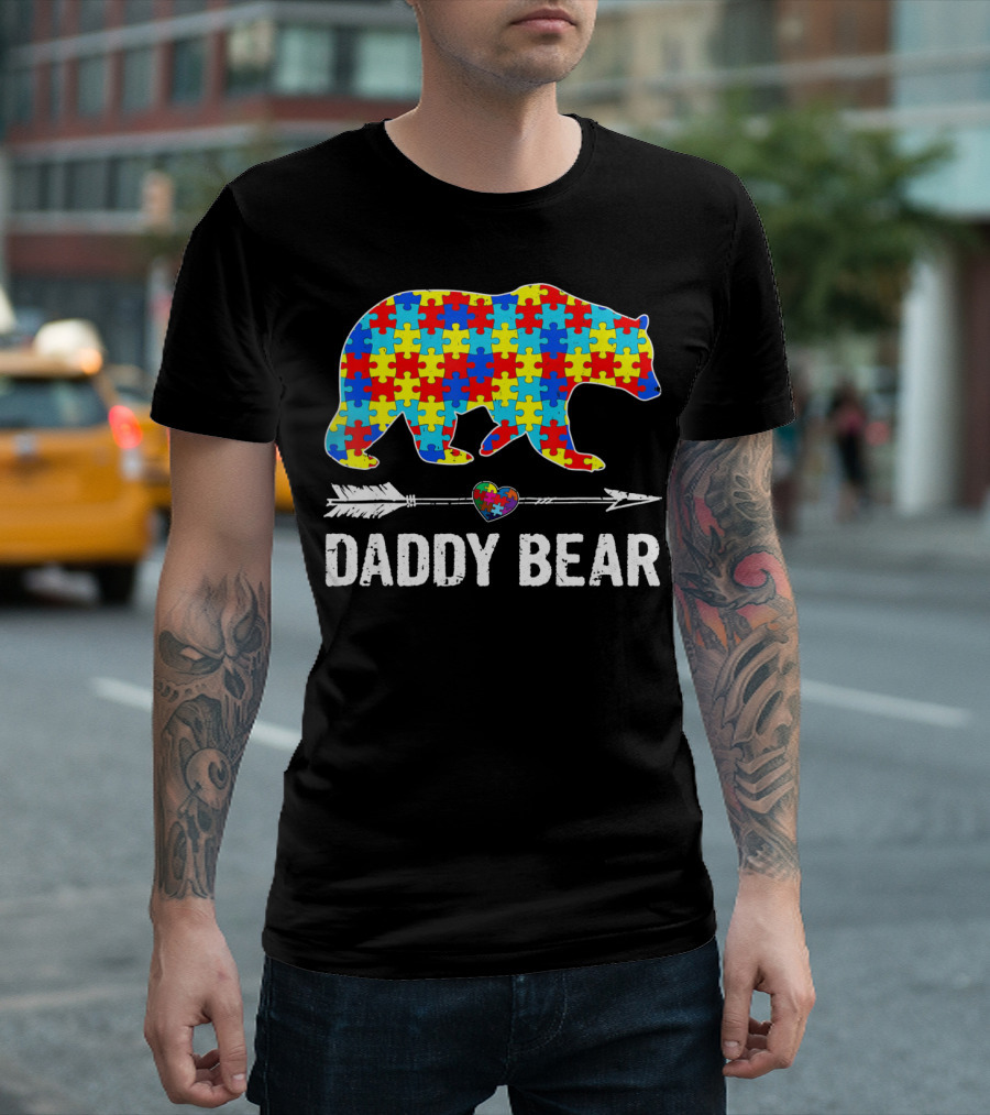 Daddy Bear Heart Arrow Puzzle Autism Awareness T-Shirt