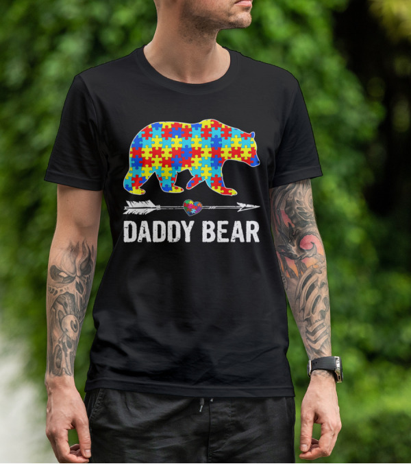 Daddy Bear Heart Arrow Puzzle Autism Awareness T-Shirt