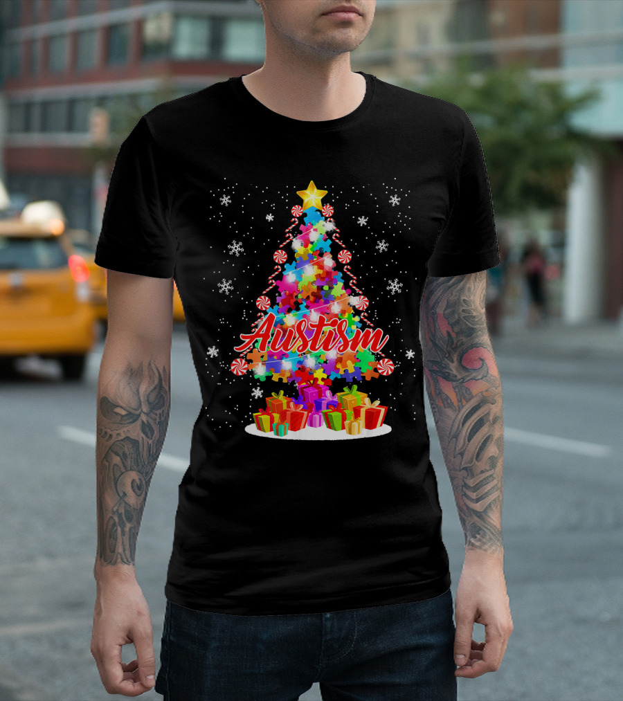 Autism Puzzle Christmas Tree with Presents and Snowflakes T-Shirt