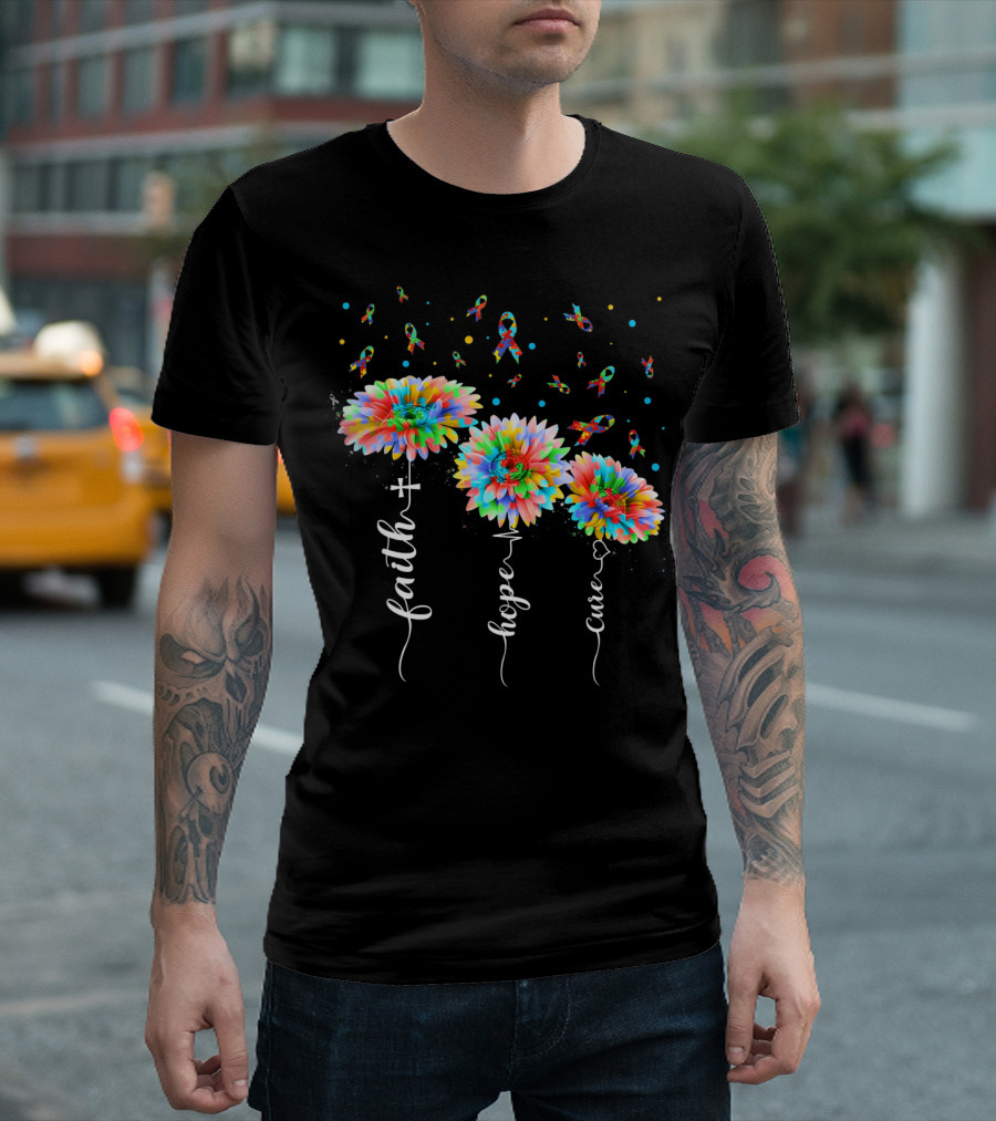 Faith Hope Cure Colorful Sunflowers Autism Awareness Puzzle Pieces T-Shirt