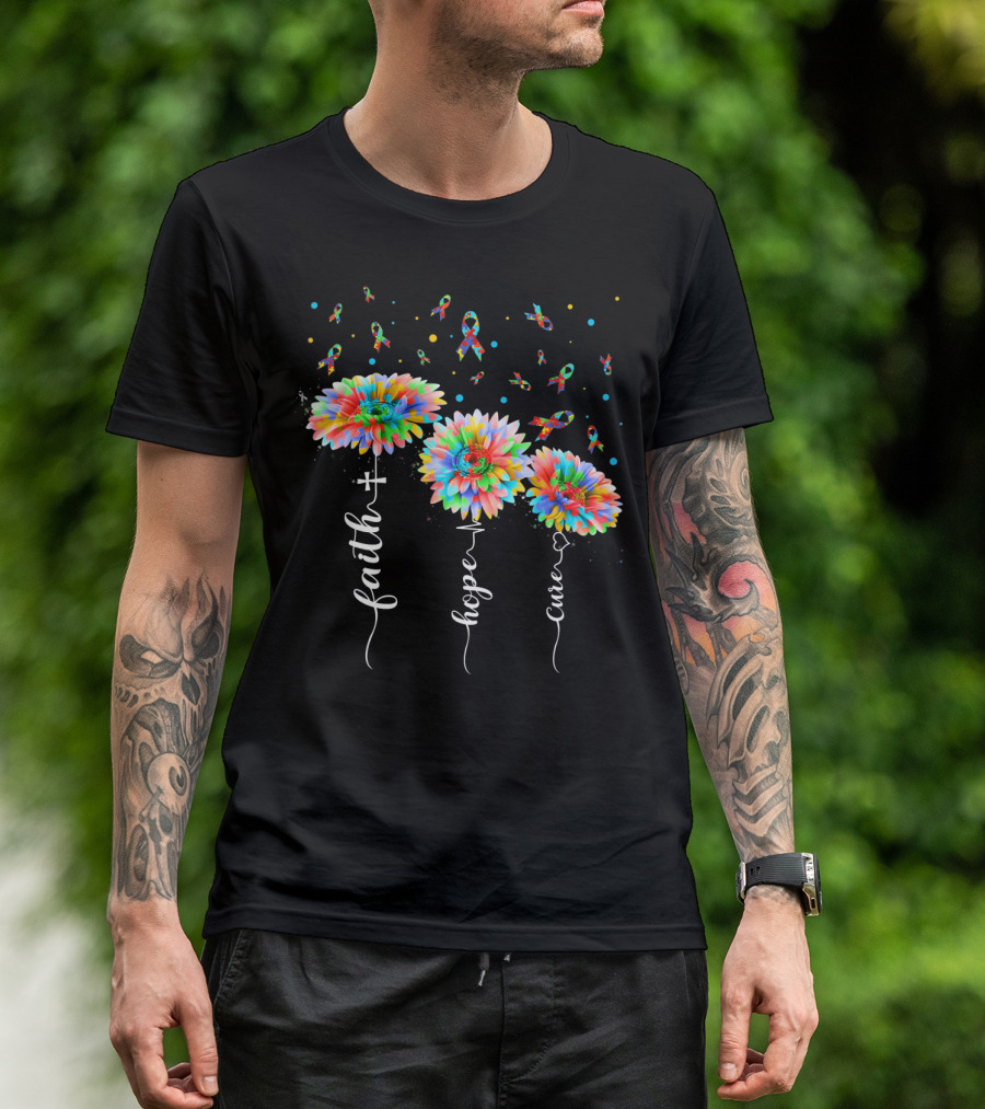Faith Hope Cure Colorful Sunflowers Autism Awareness Puzzle Pieces T-Shirt
