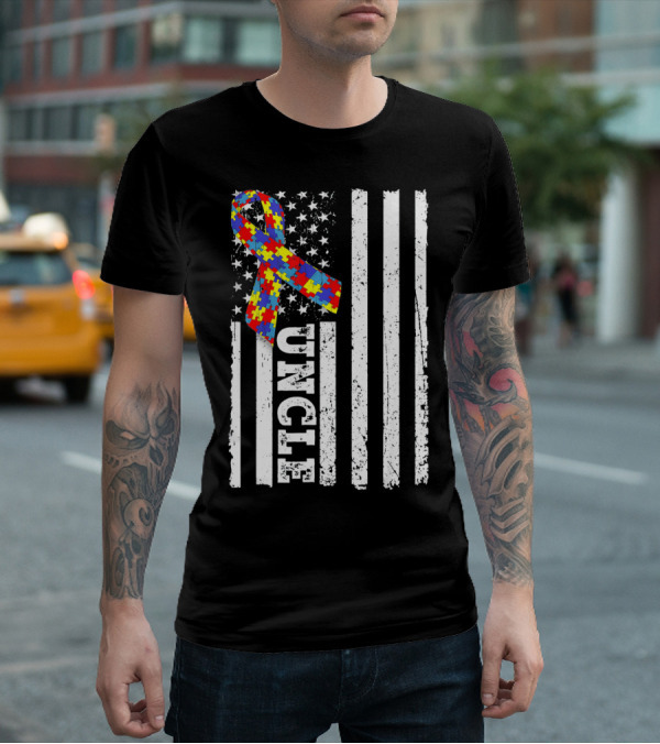 UNCLE Puzzle Ribbon American Flag Autism Awareness T-Shirt