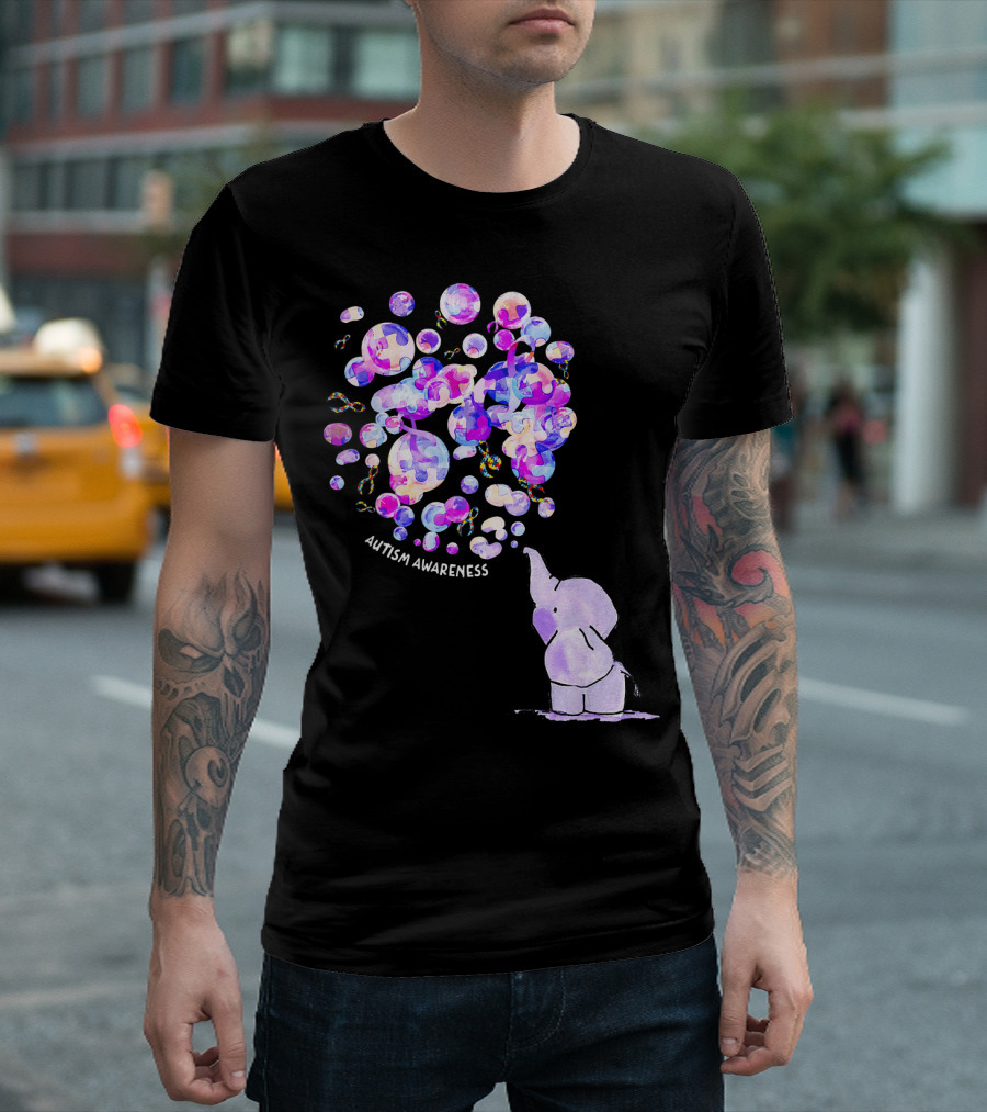 Elephant Blowing Puzzle Pieces Balloons Autism Awareness T-Shirt
