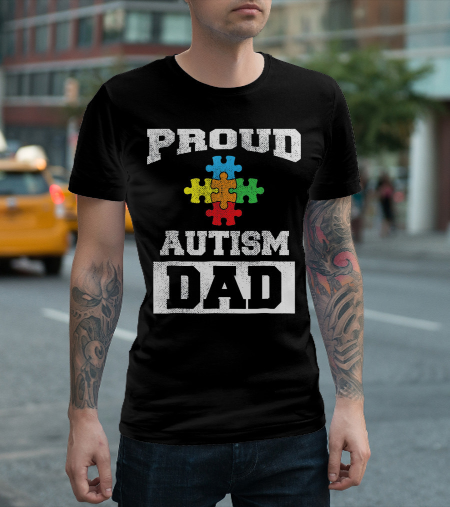 Proud Autism Dad Puzzle Piece Autism Awareness T-Shirt